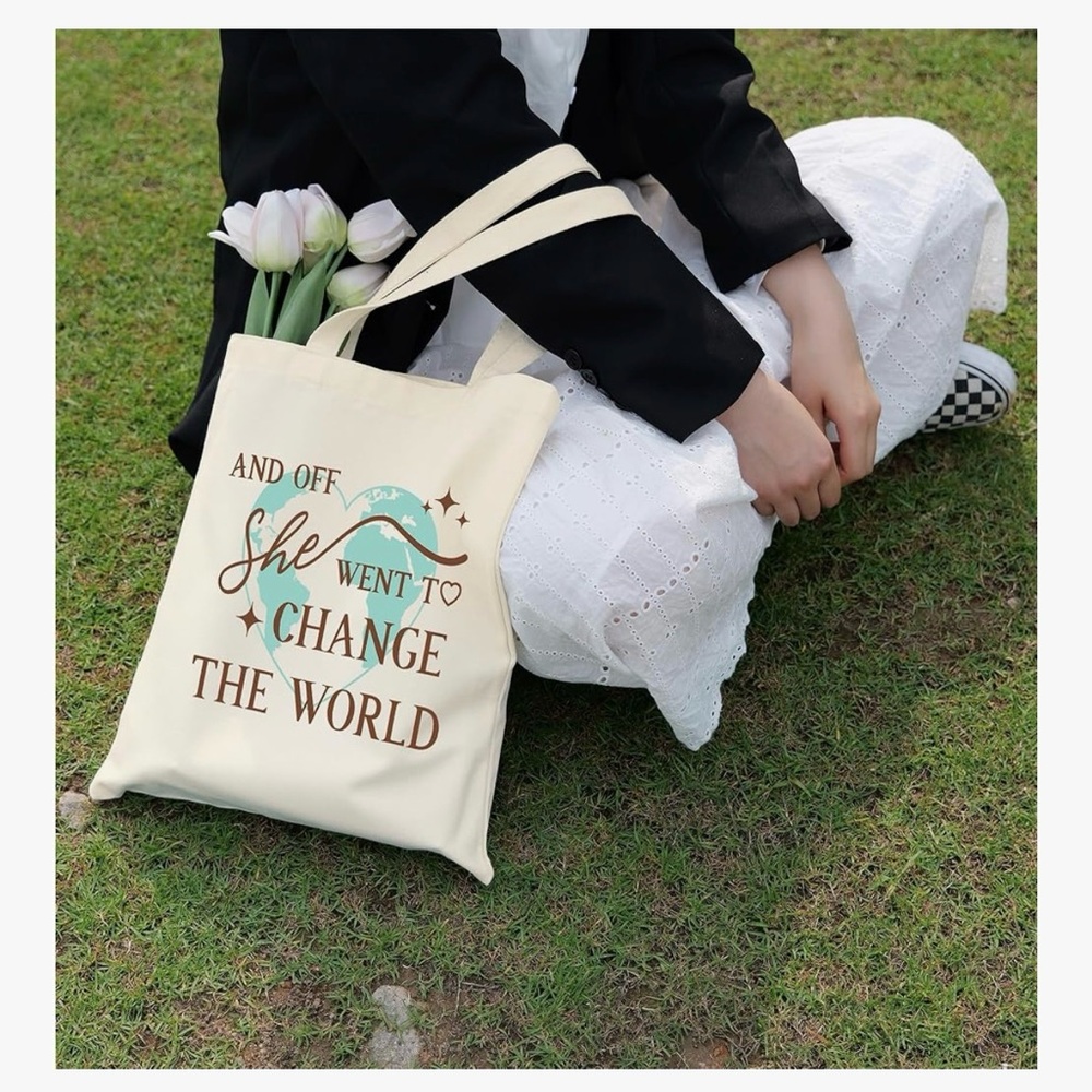 New In Bag: Beige Canvas Tote “and off she went to change the world”